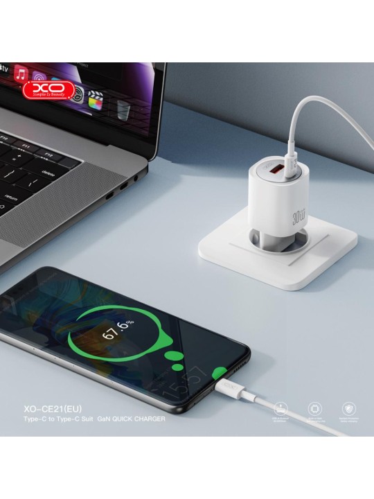 Зарядно XO 30W CE21 GaN Nitride, с кабел USB-C към USB-C