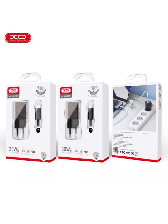 Бързо зарядно XO CE05 GaN 30W USB-C/USB-A+Cable for iPhone Lightning