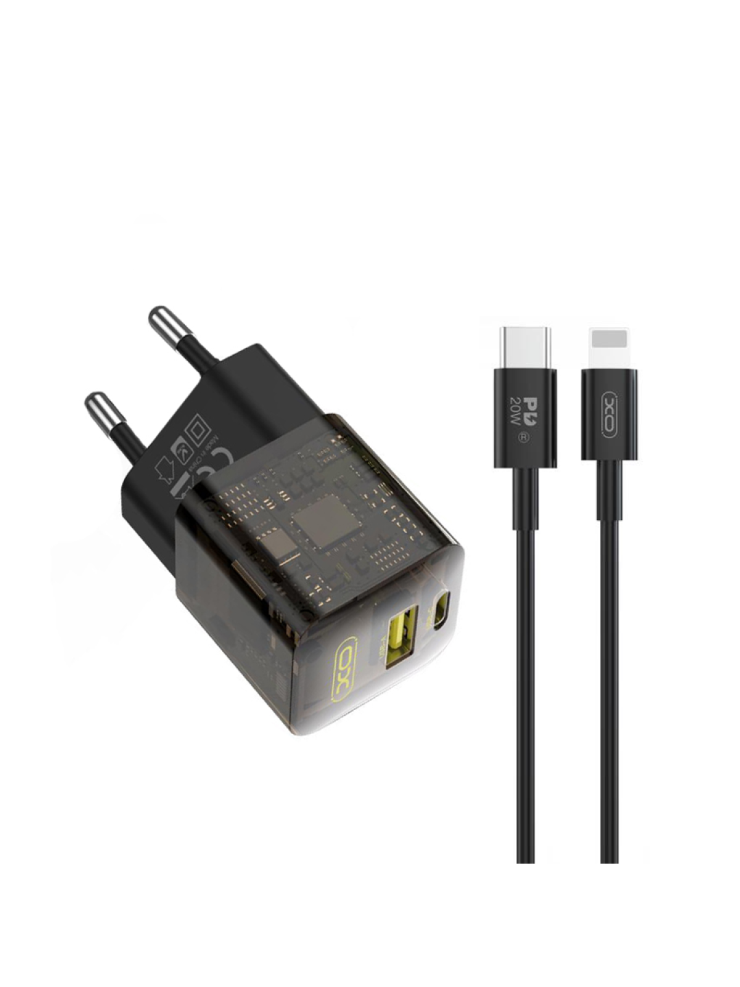 Бързо зарядно XO CE05 GaN 30W USB-C/USB-A+Cable for iPhone Lightning