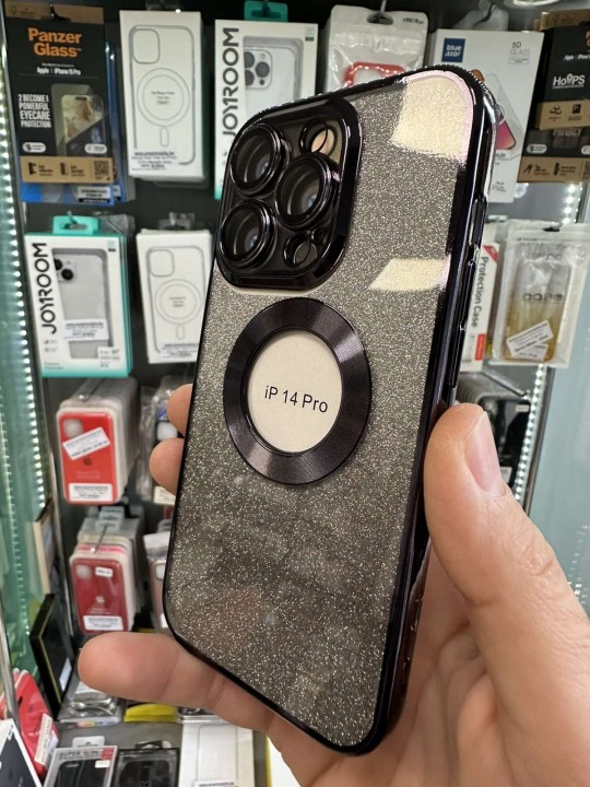 Калъф за iPhone 14 Pro - Silicone Case Lux, Black, с брокат