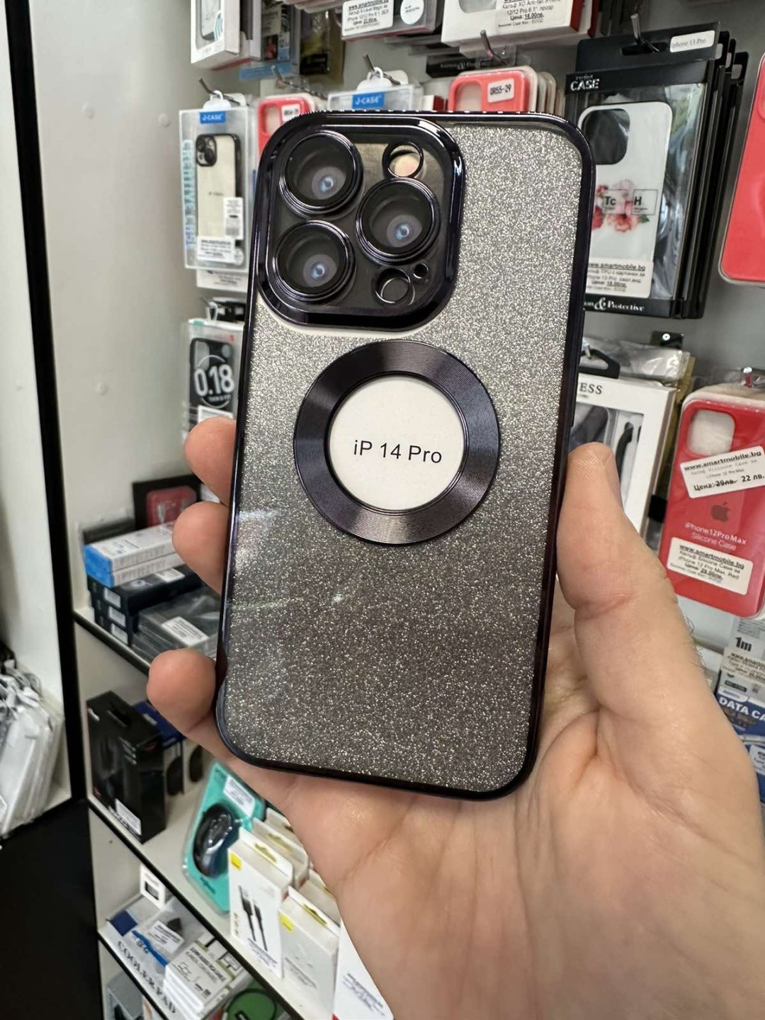 Калъф за iPhone 14 Pro - Silicone Case Lux, Black, с брокат