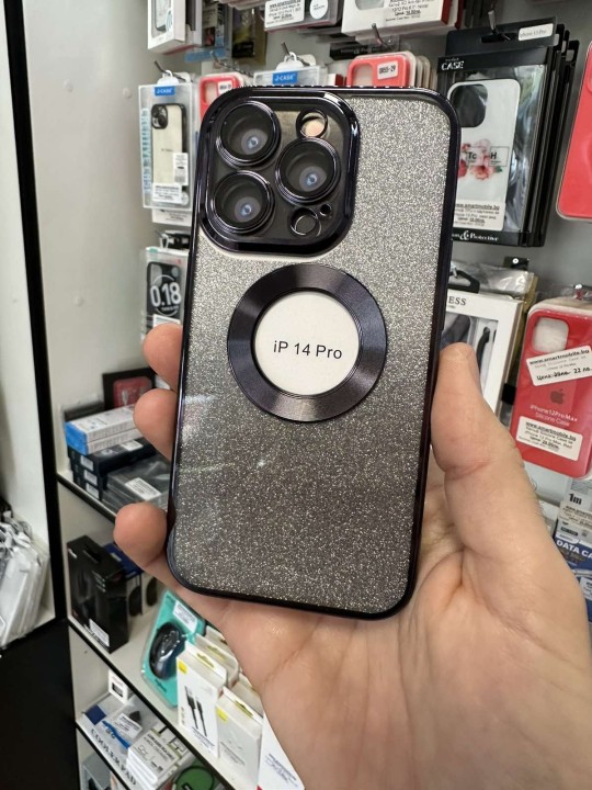Калъф за iPhone 14 Pro - Silicone Case Lux, Black, с брокат