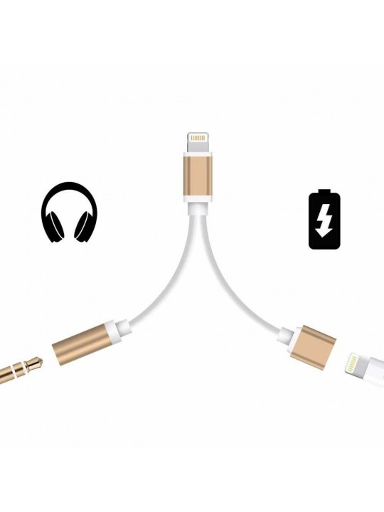 Преходник DeTech Lightning (iPhone 5/6/7) към 3,5mm жак + Lightning порт за зареждане, 12см