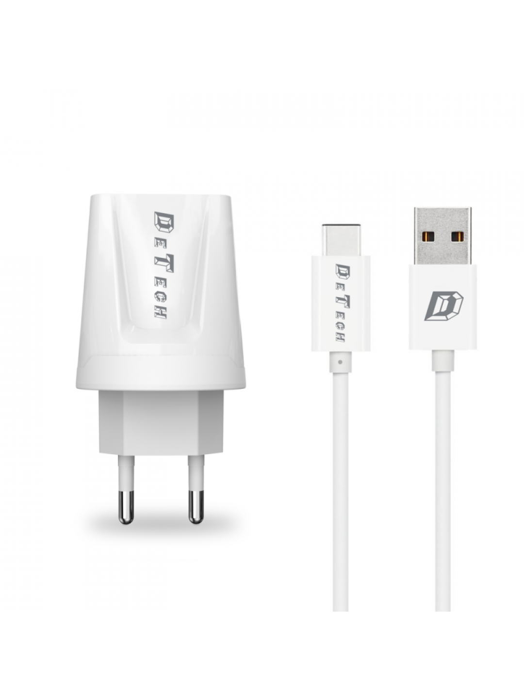 Зарядно 220V DeTech 5V 2.1A 2xUSB + кабел Type-C