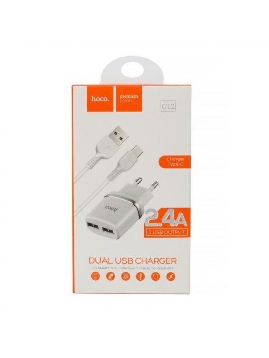 Зарядно за iPhone с кабел, 220V HOCO C12 2xUSB 2.4A+cable iPhone Lightning