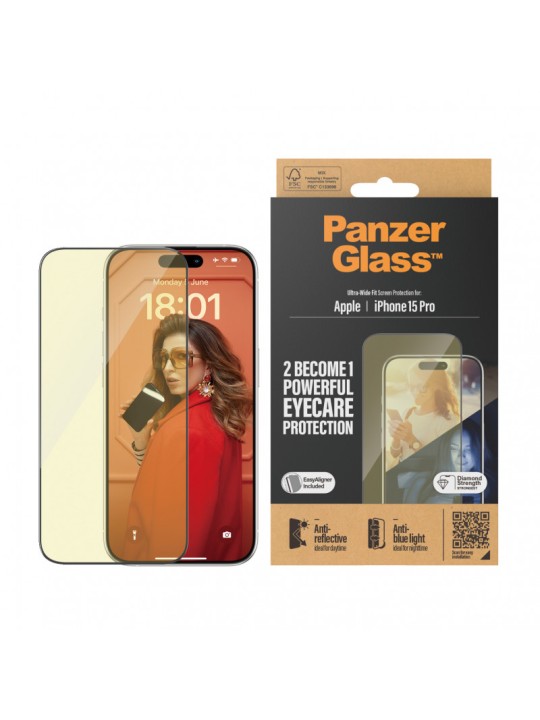 Стъклен протектор PanzerGlass за iPhone 15 Pro, UWF, Antireflective, Antiblue light, Черен