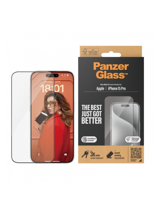 Стъклен протектор PanzerGlass за iPhone 15 Pro Max, UWF, Черен
