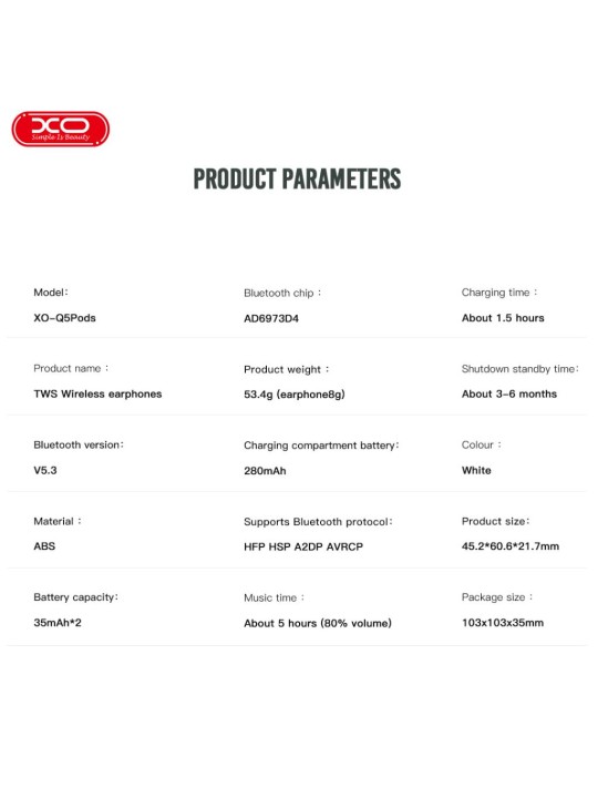 Слушалки XO Q5 Pods TWS 5th. Gen. Bluetooth