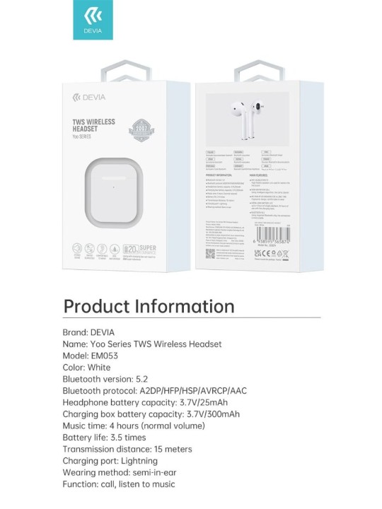 Безжични слушалки Airbuds TWS Wireless - Devia Kintone Series EM053